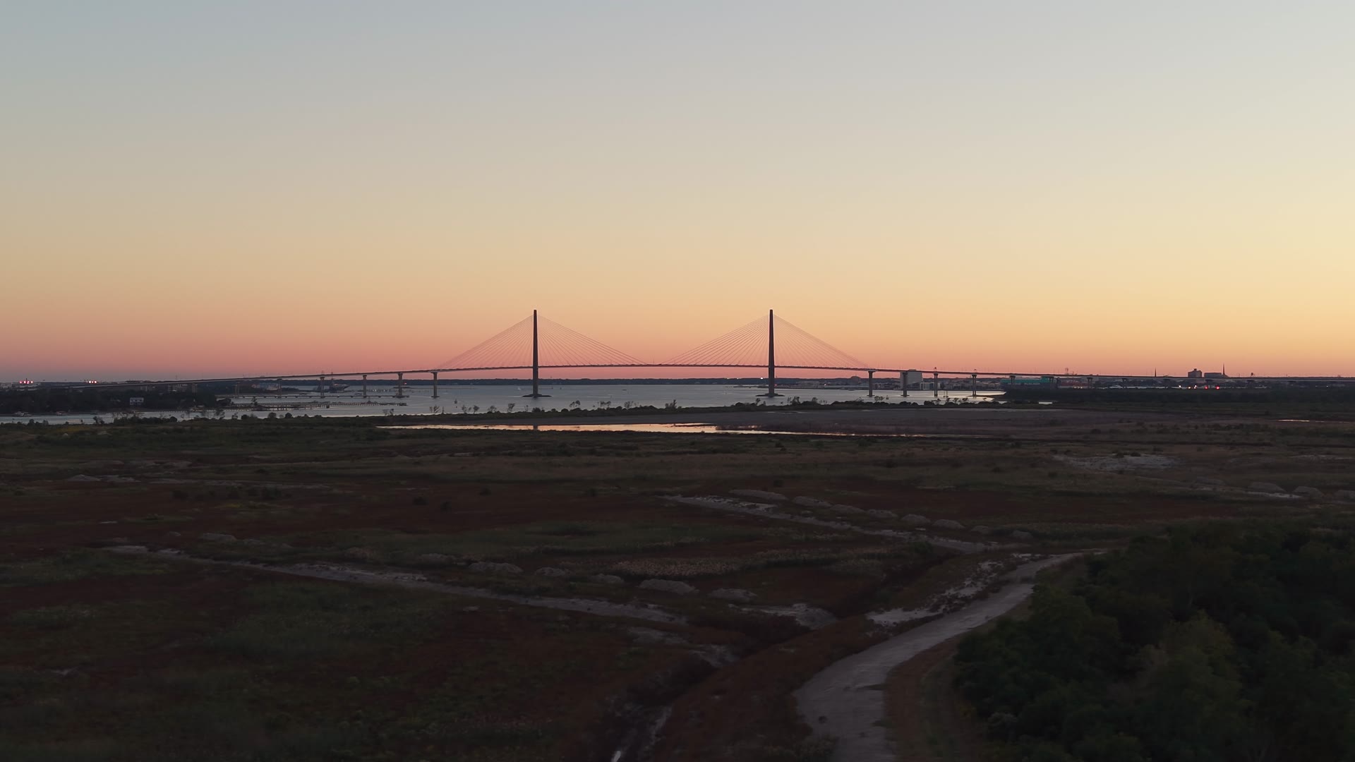 Sunset over the marsh toward the Ravenel Bridge, from Daniel Island